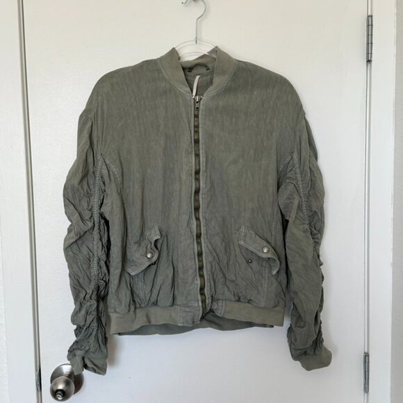 Free People | Slouchy Ruched Bomber Zip Up Jacket in Green - Picture 1 of 5